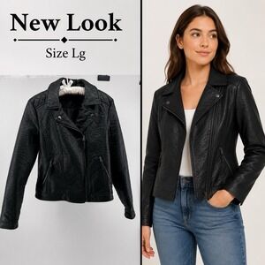 New Look Moto Jacket Faux Leather Black Biker Zip Womens L Edgy Y2K Streetwear